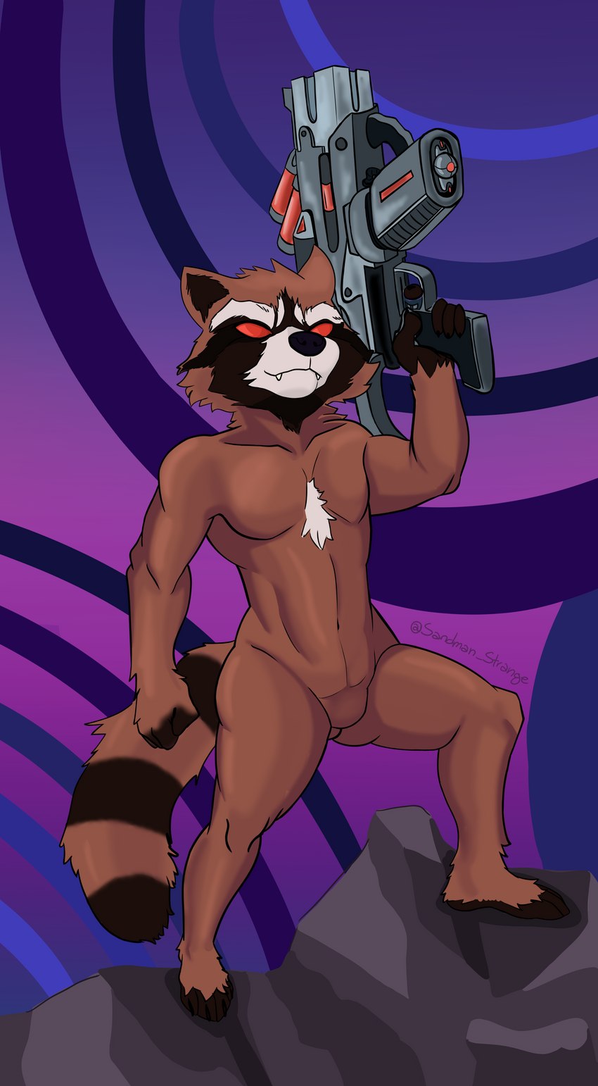 anthro chest_tuft featureless_crotch gun male nude ranged_weapon solo tuft weapon sandman_strange guardians_of_the_galaxy marvel rocket_raccoon mammal procyonid raccoon absurd_res hi_res