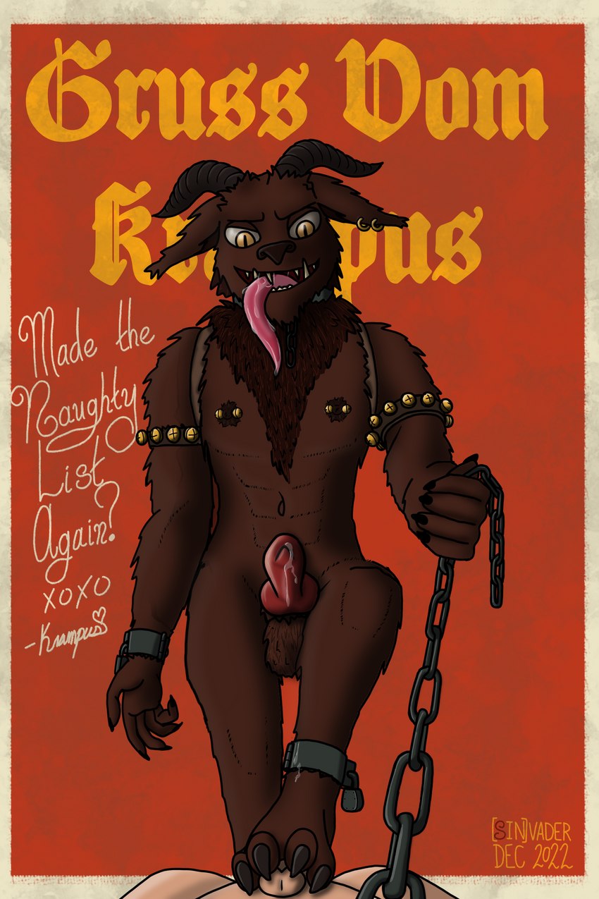 animal_genitalia animal_penis anthro armband balls bell bell_piercing black_horn black_nose bodily_fluids bovid_horn brown_body brown_fur canine_genitalia canine_penis caprine_horn card card_template chain chain_leash chest_tuft christmas_card collar cuff_(restraint) dominant dominant_male duo ear_piercing ear_tuft erection fangs feet first_person_view fluffy_balls fluffy_ears foot_fetish foot_on_penis foot_play footjob fur genital_fluids genitals goat_horn holidays horn human_on_anthro humanoid_genitalia humanoid_penis inner_ear_fluff interspecies jingle_bell jingle_bell_armband knot leaking_precum leash leash_pull leashed_pov lock long_tongue looking_at_viewer looking_down male muscular muscular_male nipple_piercing nipples nude padlock penis piercing precum pupils red_background restraints saliva saliva_on_tongue saliva_string sex shackles sharp_teeth simple_background slit_pupils submissive submissive_male submissive_pov teeth text tongue tongue_out tuft yellow_eyes [in]vader christmas krampus bovid caprine caprine_demon demon goat goat_demon human humanoid mammal 2022 2:3 absurd_res handwritten_text hi_res