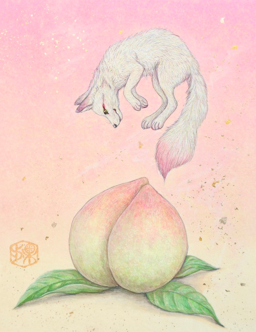 ambiguous_gender eyes_on_the_prize feral food fruit peach_(fruit) pink_background plant simple_background solo kaho_nishikawa canid canine fox mammal red_fox true_fox hi_res traditional_media_(artwork)