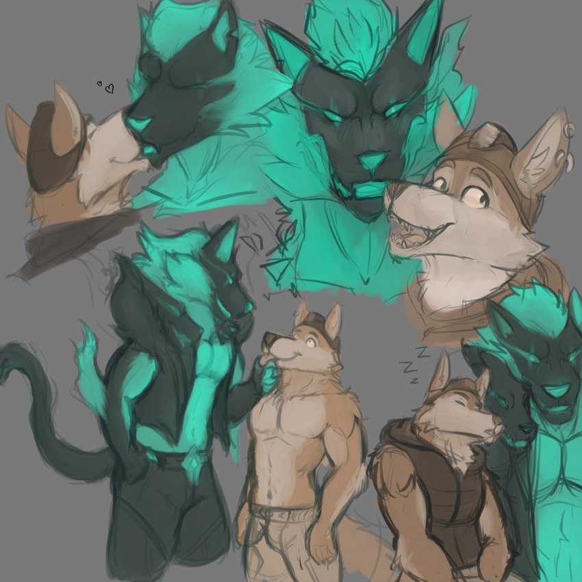 anthro clothed clothing duo ear_piercing headgear kissing male male/male piercing sleeping topless topless_male thiccc epic_games fortnite mythology cerberus_(fortnite) wendell_(fortnite) canid canid_demon canine canis demon hellhound mammal mythological_canine mythological_creature wolf 1:1 hi_res sketch