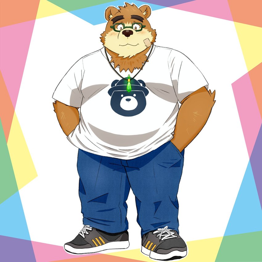 anthro band-aid bandage blush bottomwear clothing eyewear glasses kemono male overweight overweight_male pants shirt solo topwear yaki_atsuage lifewonders tokyo_afterschool_summoners volos_(tas) bear mammal 1:1 2023 hi_res