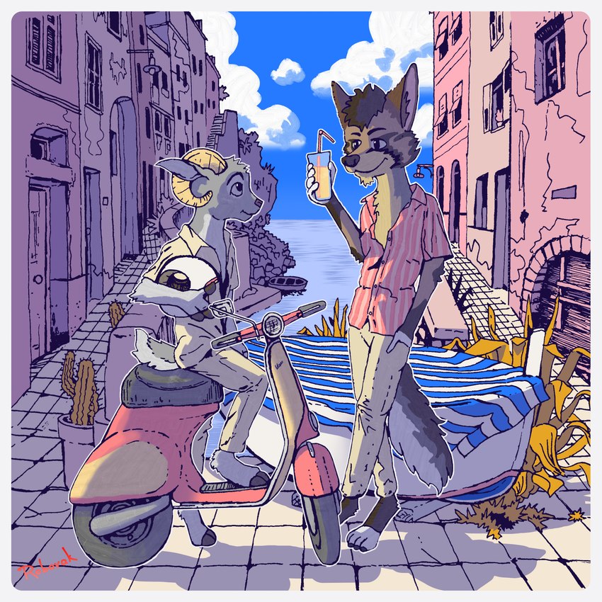 anthro beverage building cloud container cup duo italy male romantic romantic_couple scooter sky roborak vespa auburn_(auburnthegoat) bovid canid canine canis caprine felid goat hybrid jackal mammal pantherine tiger 1:1 absurd_res hi_res