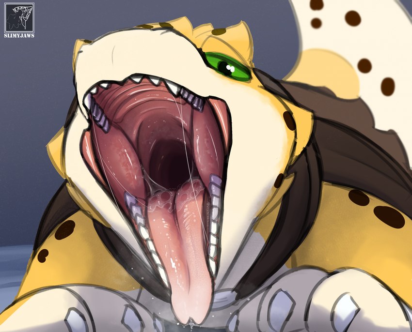 ambiguous_gender bodily_fluids cape clothing forked_tongue green_eyes looking_at_viewer mouth_shot open_mouth oral_vore raised_tail saliva saliva_string solo tail teeth throat tongue tongue_out vore slimyjaws goobie gecko hybrid kobold lizard reptile scalie hi_res