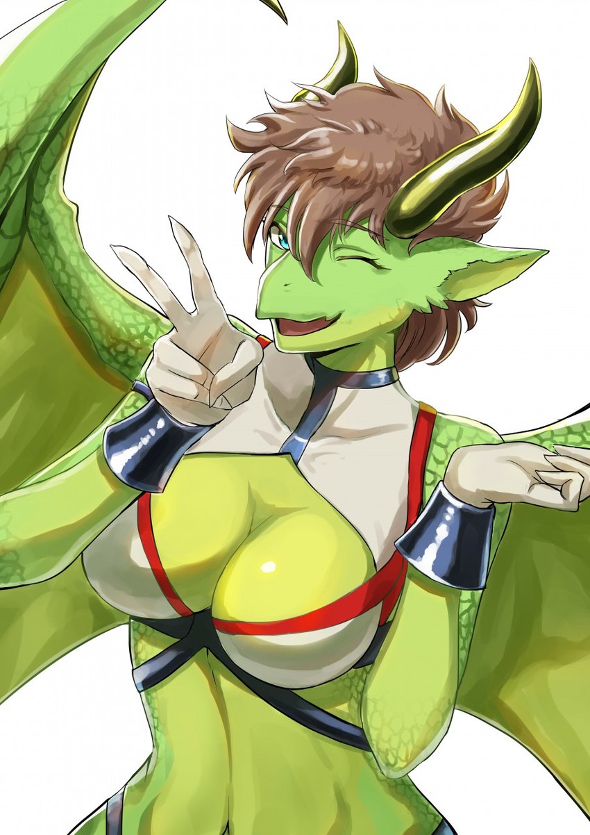 anthro breasts cleavage clothed clothing female kemono looking_at_viewer membrane_(anatomy) membranous_wings midriff navel one_eye_closed scales solo wings wink winking_at_viewer jjbirdz_(artist) mythology midori_(kmn) dragon mythological_creature mythological_scalie scalie hi_res