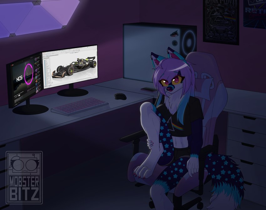 anthro big_breasts blue_hair bottomwear breasts chair clothing computer computer_keyboard computer_mouse dark_room dipstick_ears dipstick_tail ear_markings electronics female fluffy fluffy_tail fur furniture gaming_chair hair inner_ear_fluff keyboard looking_at_viewer markings monitor multicolored_body multicolored_ears multicolored_fur multicolored_hair neck_tuft one_leg_up phone pink_hair poster purple_body purple_fur raised_leg shorts solo star_(marking) sticker tail tail_markings tuft two_tone_hair white_body yellow_sclera mobzylewd the_dark_side_of_the_moon_(album) canid canine fox mammal absurd_res hi_res