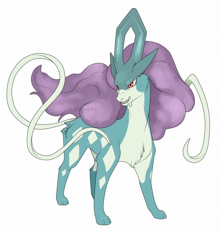 ambiguous_gender bared_teeth blue_body blue_fur fangs feral fur glistening glistening_eyes mane purple_mane red_eyes solo teeth milk-jug nintendo pokemon generation_2_pokemon legendary_pokemon pokemon_(species) suicune hi_res