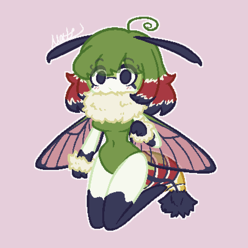 ahoge antennae_(anatomy) arthropod_abdomen biped black_body black_tail blush blush_lines breasts clothed clothing eyebrow_through_hair eyebrows eyelashes featureless_feet feet female front_view gloves_(marking) green_body green_hair hair insect_wings kneeling leg_markings looking_at_viewer markings multicolored_body multicolored_hair neck_tuft non-mammal_breasts simple_background small_waist socks_(marking) solo tail tail_tuft translucent translucent_hair tuft wings matz_(pixiv) animal_humanoid arthropod arthropod_humanoid hawk_moth humanoid insect lepidopteran moth pellucid_hawk_moth 1:1 2023 aliasing digital_drawing_(artwork) digital_media_(artwork) hi_res