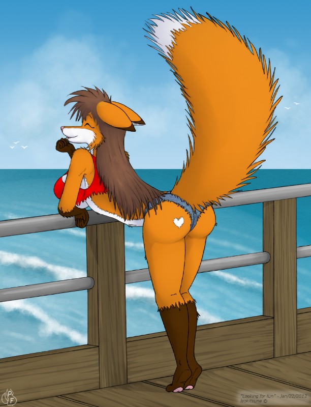 anthro bottomwear brown_hair butt clothed clothing denim denim_bottomwear denim_clothing denim_shorts eyes_closed female hair leaning leaning_forward pier sea shorts skimpy sky smile solo standing tongue tongue_out water geckoguy123456789 leokitsune canid canine fox mammal 2012