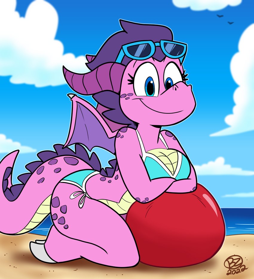 anthro ball beach bikini blue_bikini blue_clothing blue_eyes blue_swimwear breasts cleavage clothed clothing colored_edge_bikini eyewear eyewear_on_head female horn membrane_(anatomy) membranous_wings non-mammal_breasts outside pink_body pink_scales scales seaside side-tie_bikini side-tie_clothing side-tie_swimwear smile solo string_bikini sunglasses sunglasses_on_head swimwear tail two-piece_swimsuit wings jurassiczalar european_mythology mythology crystal_(jurassiczalar) dragon mythological_creature mythological_scalie scalie western_dragon 2022 absurd_res hi_res