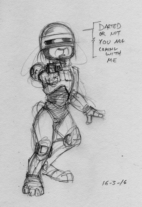 anthro armor clothing cybernetic_body cybernetics dart_gun dialogue female gun handgun headgear helmet humor looking_at_viewer machine pistol police ranged_weapon robobunny science_fiction solo text uniform weapon avoid_posting steve_gallacci disney robocop_(franchise) zootopia judy_hopps robocop cyborg lagomorph leporid mammal rabbit 2016 comic crossover english_text graphite_(artwork) hi_res monochrome sketch traditional_media_(artwork)