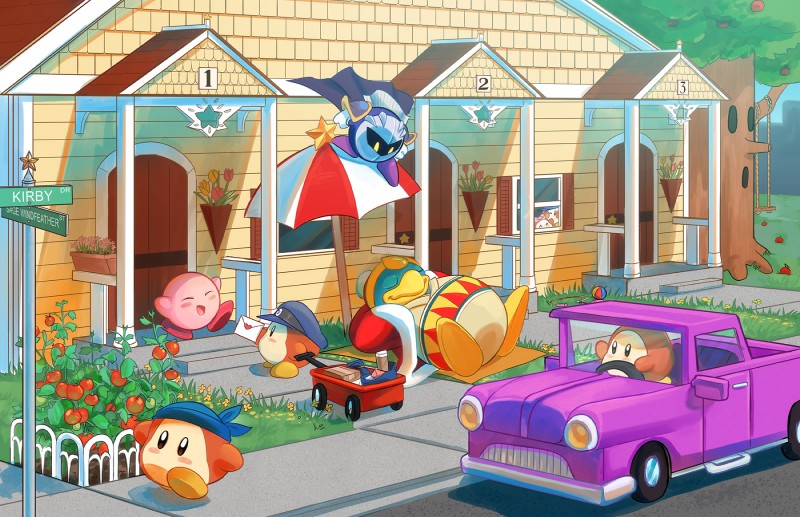 ambiguous_gender blush clothing detailed_background envelope eyes_closed flower food fruit garden grass group jump_rope kerchief male mask open_mouth open_smile outside parasol plant sign smile street_sign swing tomato tree umbrella vehicle wagon sagewindfeather kirby_(series) nintendo bandana_waddle_dee king_dedede kirby meta_knight whispy_woods alien avian bird elemental_creature flora_fauna penguin treant waddling_head 2018 hi_res