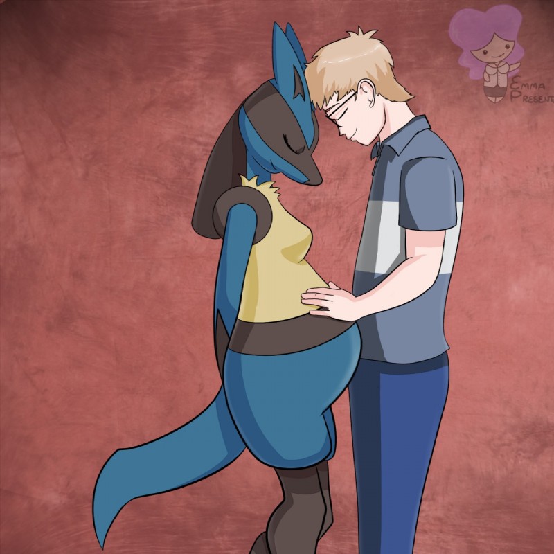 anthro blue_body blue_fur breasts duo female foreheads_touching fur hand_on_belly hands_behind_back male medium_breasts pregnant pregnant_anthro pregnant_female tail yellow_body yellow_fur emmapresents nintendo pokemon luca-chan generation_4_pokemon human lucario mammal pokemon_(species) 1:1 hi_res