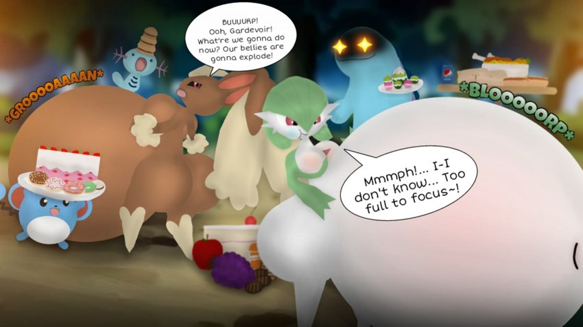 ambiguous_gender anthro apple belly belly_blush belly_expansion beverage_can big_belly big_breasts big_butt black_sclera bloated blorp blue_body blue_ears blue_tail blush body_blush breasts brown_body brown_ears burger butt cake carrot cheek_bulge close_to_bursting cupcake dessert doughnut expansion female feral food forest forest_background fruit grape green_body groan group happy holding_plate hot_dog huge_belly huge_butt hyper hyper_belly long_ears nature nature_background navel nervous onomatopoeia open_mouth pastry pink_inner_ear plant red_eyes red_inner_ear smile sound_effects speech_bubble tail talking_to_another text tree vegetable white_body white_eyes soup-laddle nintendo pepsi pokemon gardevoir generation_2_pokemon generation_3_pokemon generation_4_pokemon lopunny marill pokemon_(species) quagsire wooper 2019 colored digital_media_(artwork) english_text shaded