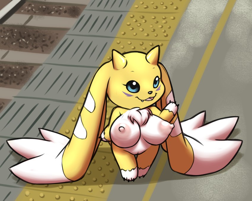 anthro areola big_breasts breasts chest_tuft dwarfism female floppy_ears fur genitals huge_breasts lop_ears nipples pussy short_stack solo standing train_station tuft yellow_body yellow_fur furball bandai_namco digimon fenekmon digimon_(species) hybrid renamon terriermon 5:4 digital_media_(artwork)