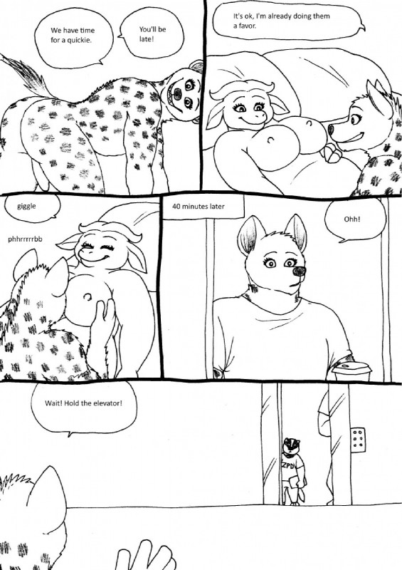 animal_genitalia anthro big_breasts breasts clothing dialogue female female/female genitals group nipples pseudo-penis text bernielover disney zootopia becca_(bernielover) fan_character melissa_bogo_(bernielover) badger bovid bovine cape_buffalo hyena mammal mustelid musteline spotted_hyena 2016 comic english_text hi_res monochrome