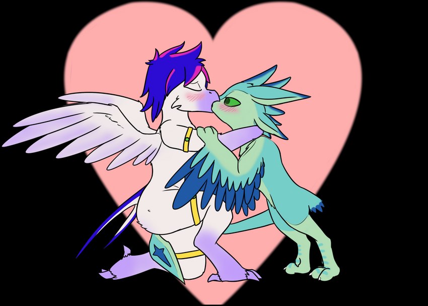 4_ears anthro blue_body blue_feathers countershading dewclaw digitigrade duo feathered_crest feathered_wings feathers female green_body green_eyes head_crest kissing multi_ear winged_arms wings doesnotexist xujintsguardian luvashi silverwing_swallow avali avian bird hirundinid oscine passerine swallow_(bird) digital_media_(artwork) hi_res