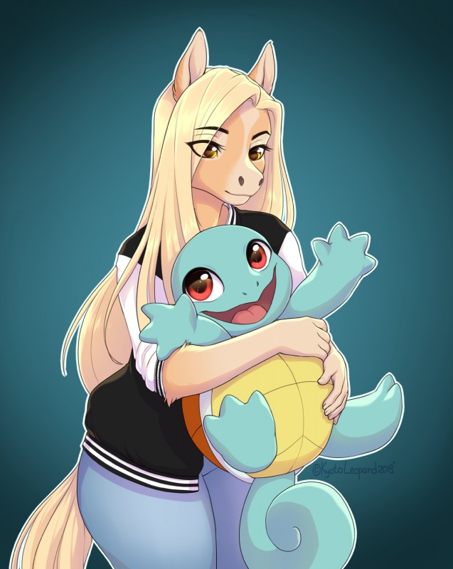 5_fingers anthro blonde_hair blue_background clothed clothing duo eyebrows eyelashes female fingers hair happy red_eyes simple_background standing yellow_eyes kyotoleopard nintendo pokemon diana_(kyotoleopard) equid equine generation_1_pokemon horse mammal pokemon_(species) squirtle absurd_res digital_media_(artwork) hi_res shaded