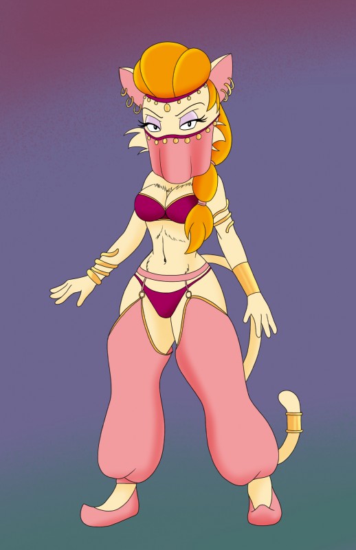 anthro belly_dancer blonde_hair breasts clothing female fur hair harem_outfit midriff navel solo astraldog heathcliff_and_the_catillac_cats cleo_catillac felid mammal absurd_res hi_res