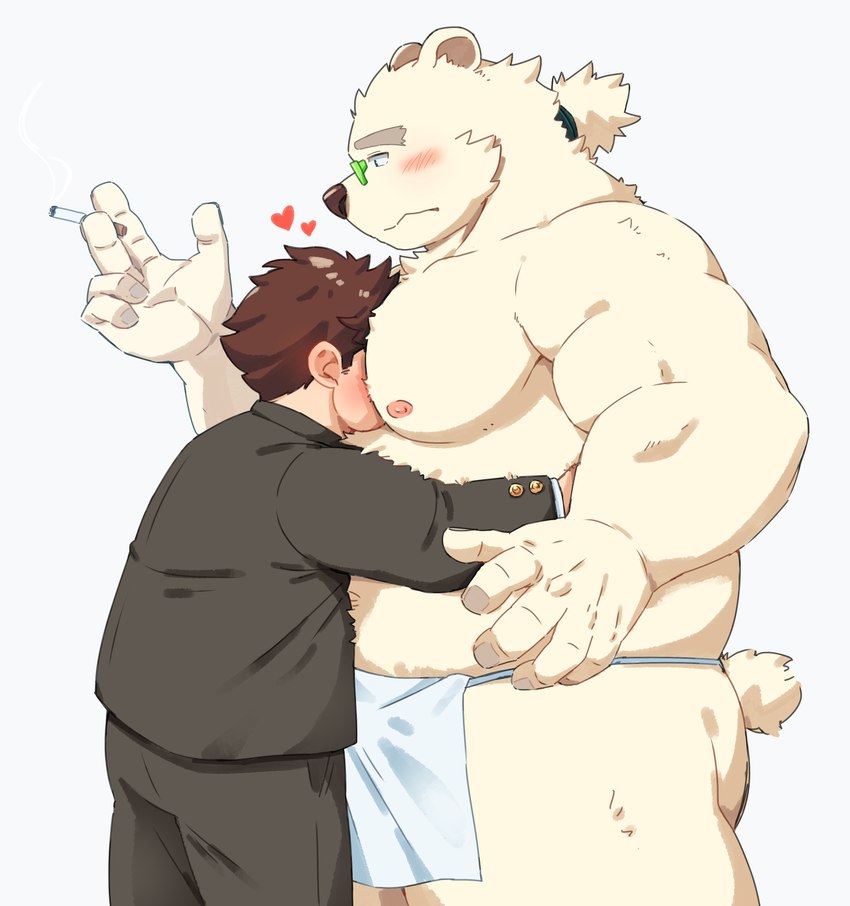 anthro asian_clothing belly big_belly blush bottomwear clothing duo east_asian_clothing eyewear fundoshi glasses heart_symbol hug human_on_anthro humanoid_hands interspecies japanese_clothing kemono male male/male overweight overweight_male pants shirt topwear underwear white_clothing white_fundoshi white_underwear jerry_5779 lifewonders tokyo_afterschool_summoners chubby_protagonist_(tas) leib_(tas) protagonist_(tas) bear human mammal polar_bear ursine 2023 absurd_res hi_res