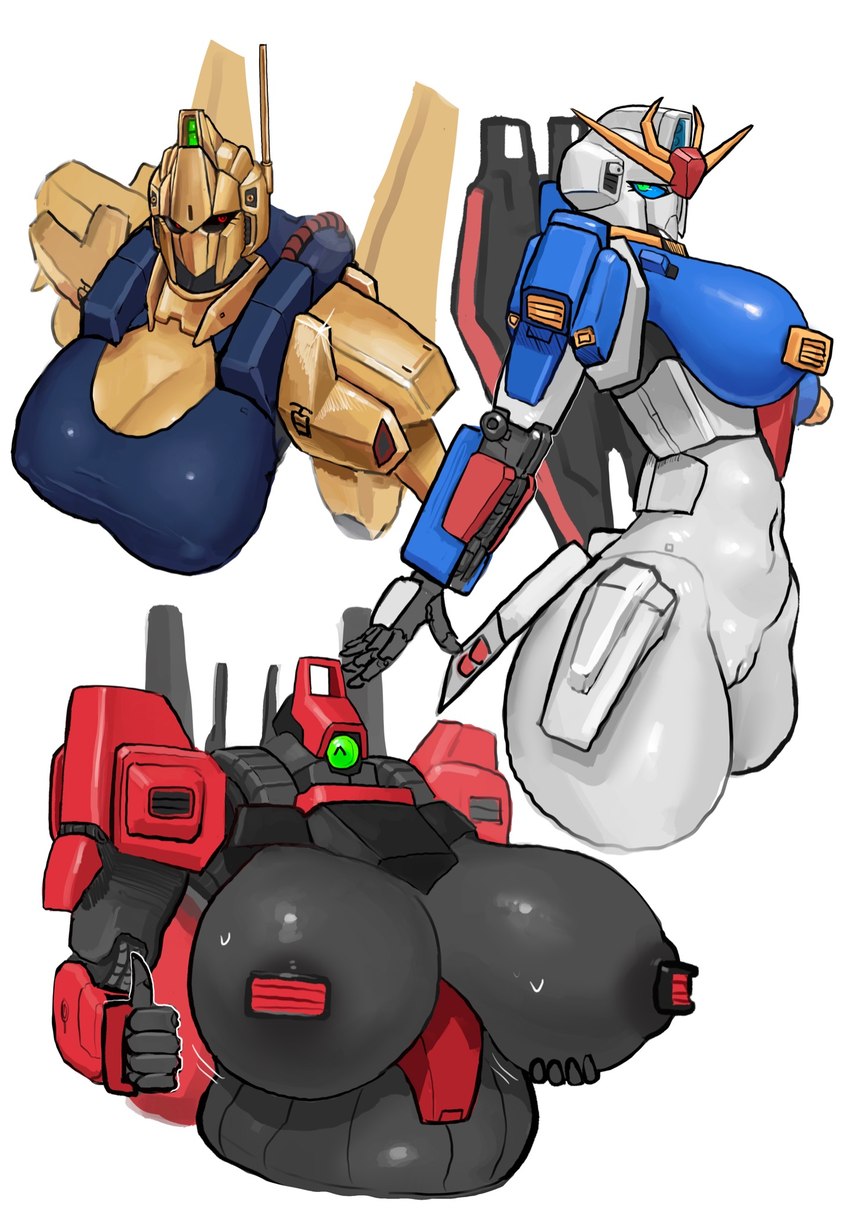 alternate_species antennae_(anatomy) big_breasts breasts dark_body female genitals gesture gold_body group hand_gesture horn humanoidized machine mecha navel nipples pussy side_boob slightly_chubby thumbs_up trio im51nn5 gundam mobile_suit_zeta_gundam hyaku_shiki rick_dias zeta_gundam humanoid mobile_suit robot robot_humanoid hi_res