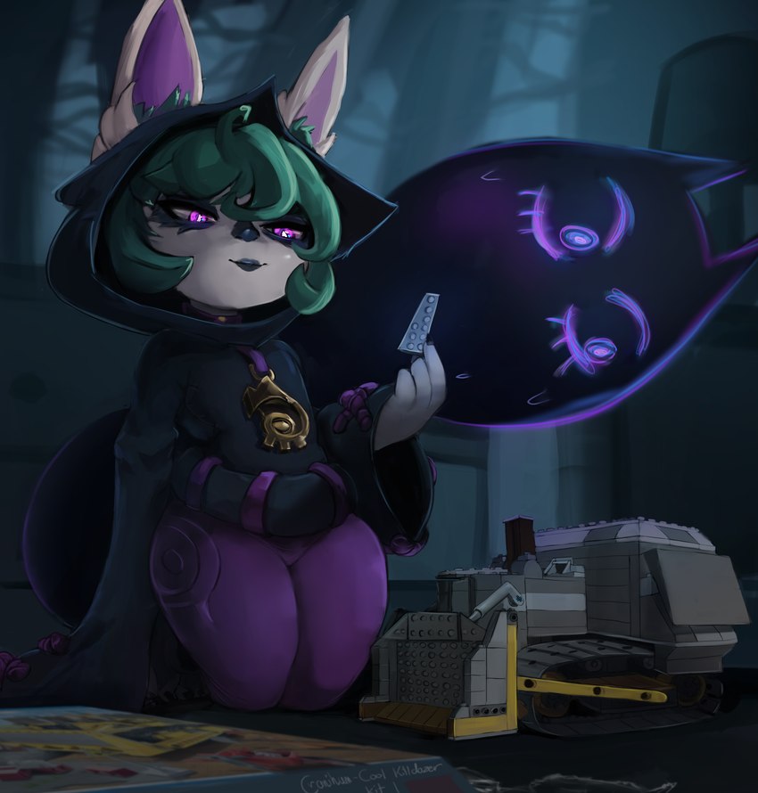 box bulldozer clothed clothing container detailed_background female green_hair hair inside kneeling lego_brick not_furry purple_eyes short_stack smile solo text cranihum killdozer league_of_legends lego riot_games tencent shadow_(lol) vex_(lol) humanoid yordle 2024 absurd_res english_text hi_res