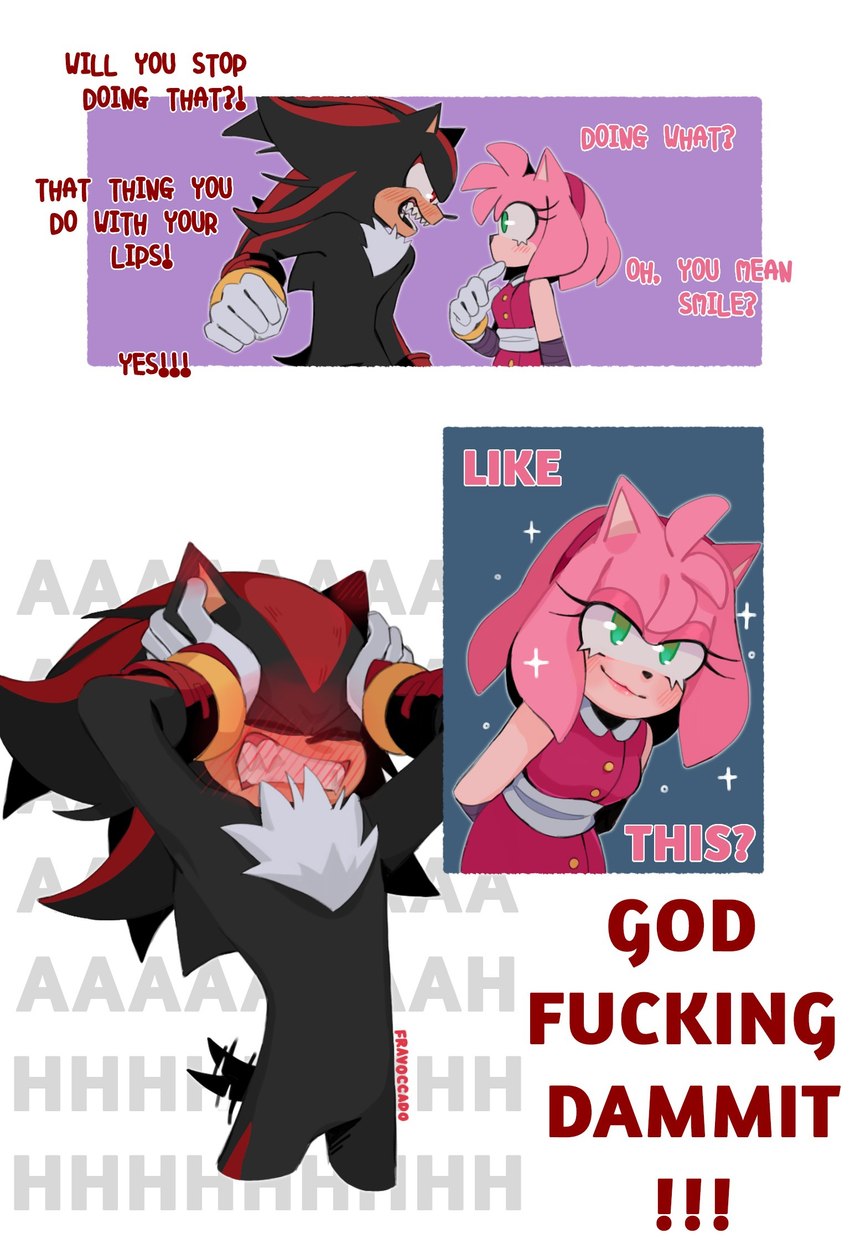 annoyed anthro blush breasts clothing dark_body dialogue eye_contact female green_eyes looking_at_another male narrow_hips open_mouth profanity red_eyes short_tail smile sparkles sparkling_eyes tail tail_motion tailwag teeth text thin_thighs tuft fravoccado sega sonic_the_hedgehog_(series) amy_rose shadow_the_hedgehog eulipotyphlan hedgehog mammal 2023 comic english_text hi_res signature