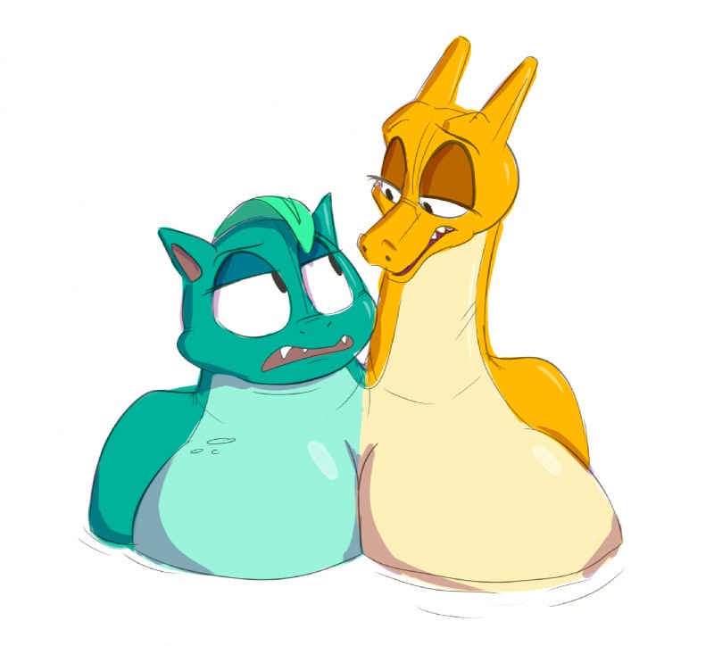 2_heads anthro anthrofied big_breasts breasts conjoined duo female multi_head slightly_chubby split_personality stuck_together theyton nintendo pokemon charizard generation_1_pokemon pokemon_(species) venusaur hi_res