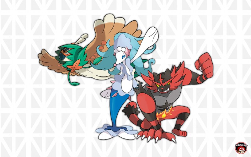 ambiguous_gender blue_eyes blue_hair group hair male pattern_background pseudo_clothing simple_background starfish_(accessory) starter_trio white_background alexalan nintendo pokemon asterozoan avian decidueye echinoderm felid generation_7_pokemon human incineroar mammal marine pinniped pokemon_(species) primarina starfish 16:10 widescreen