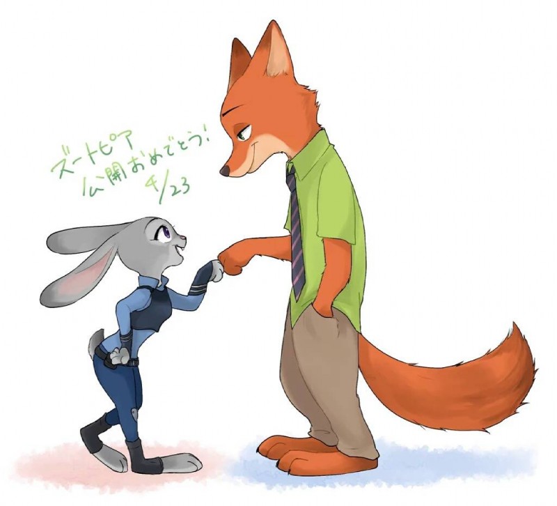 anthro barefoot clothed clothing feet female fist_bump fur gesture grey_body grey_fur group male orange_body orange_fur standing chibimame86 chu_twst disney zootopia judy_hopps nick_wilde canid canine fox lagomorph leporid mammal rabbit red_fox true_fox