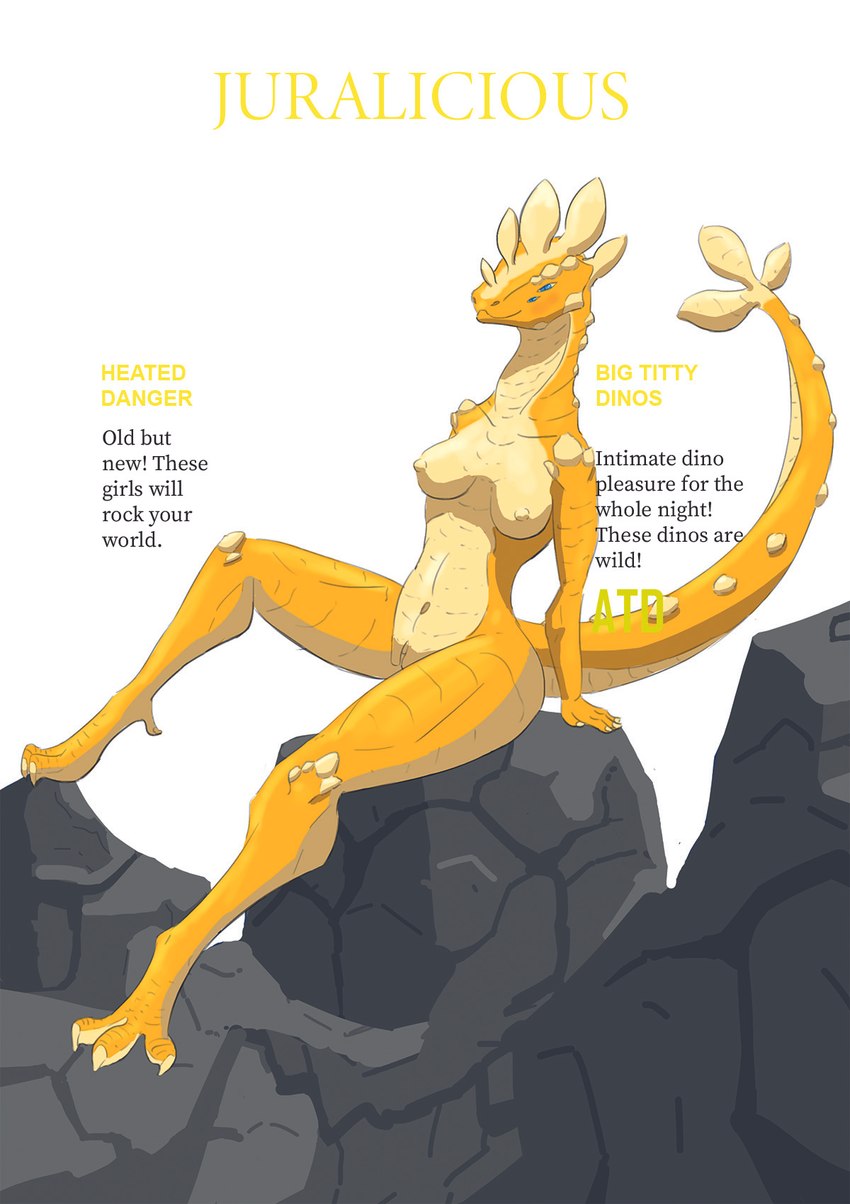 anthro blue_eyes breasts female fully_shaded genitals looking_at_viewer nipples nude pose pussy simple_background smile solo text thick_thighs yellow_body alicethedeer dinosaur prehistoric_species reptile scalie english_text hi_res pinup