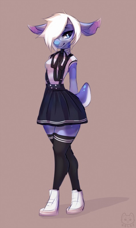 anthro biped black_clothing black_legwear black_thigh_highs blue_body blue_ears blue_eyes blue_fur blue_nose blue_tail bottomwear breasts clothed clothing eyebrows eyelashes eyewear female footwear fully_clothed fur furgonomics glasses grey_background hair hands_behind_back legwear nerd notched_ear school_uniform shirt shoes short_hair short_tail simple_background skirt smile solo standing stockings suspenders tail tail_through_skirt thick_thighs thigh_highs topwear uniform white_hair wide_hips kolae phawn deer mammal absurd_res digital_media_(artwork) full-length_portrait hi_res portrait shaded