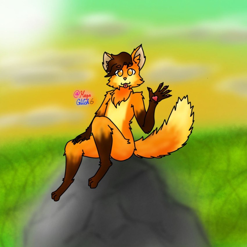 anthro brown_body brown_fur brown_hair fur hair male neck_tuft orange_body orange_eyes orange_fur pawpads rock sitting solo tail tongue tongue_out tuft megaglitch(gw) canid canine fox mammal 1:1 hi_res