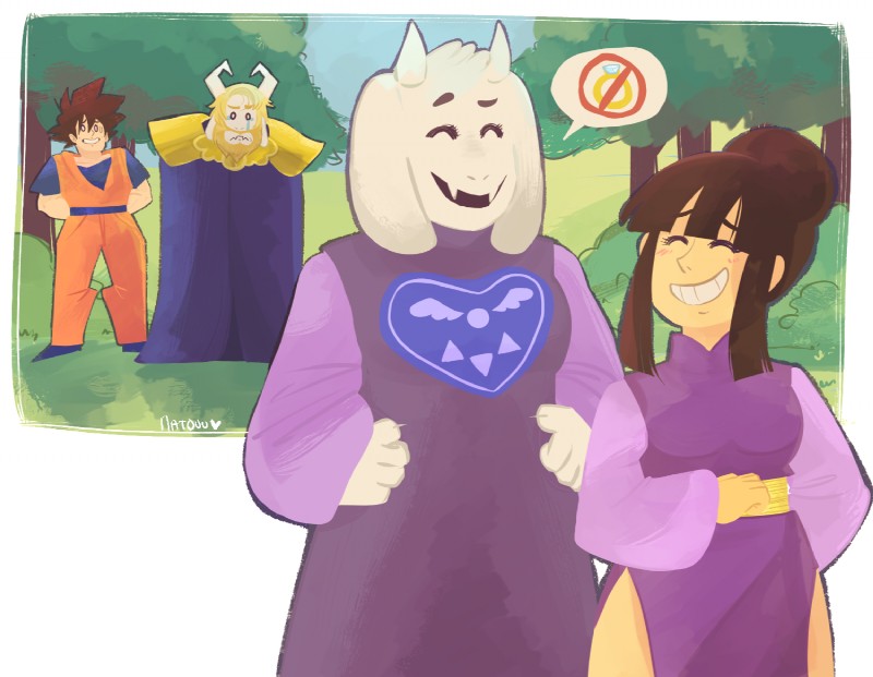 anthro beard blonde_hair breasts duo facial_hair female hair horn long_ears male mature_anthro mature_female mature_male medium_breasts natouu dragon_ball dragon_ball_z undertale undertale_(series) asgore_dreemurr chi-chi_(dragon_ball) goku toriel alien boss_monster_(undertale) bovid caprine human mammal saiyan 2015 crossover