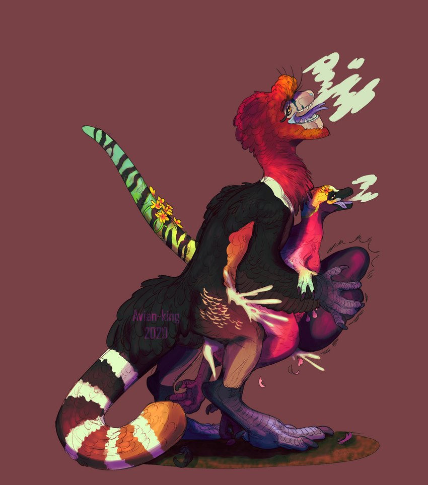 anthro avian_feet bodily_fluids cum cum_inside ejaculation feathers genital_fluids hair markings neck_ring red_hair ring_(marking) ringed_tail sex size_difference striped_markings striped_tail stripes tail tail_markings avian-king mythology moa_(avian-king) avian bird dinosaur dragon dromaeosaurid feathered_dragon feathered_scalie moa_(bird) mythological_creature mythological_scalie plumebeast prehistoric_species ratite recently_extinct_species reptile scalie theropod absurd_res hi_res