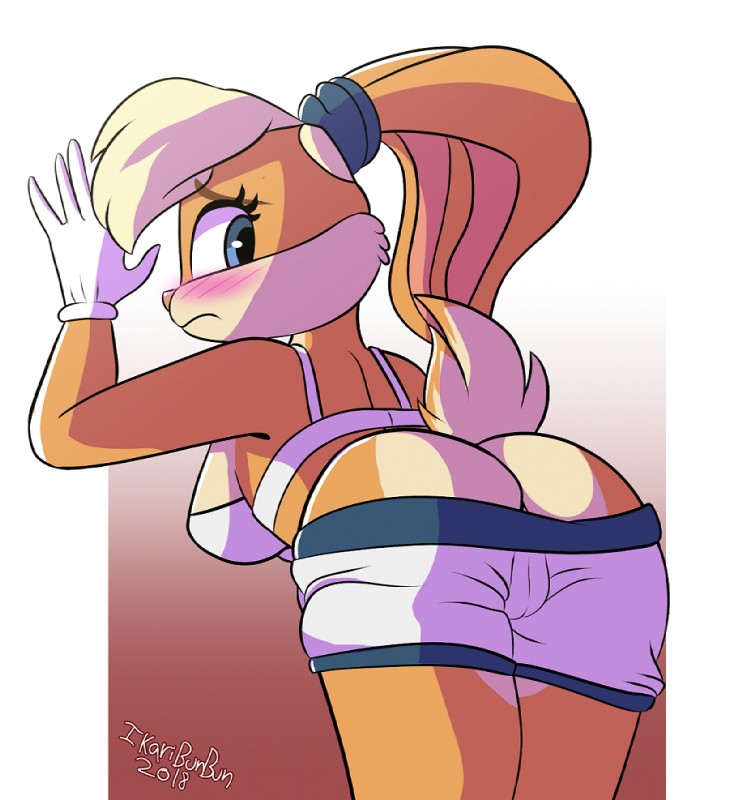 anthro blonde_hair blue_eyes blush bottomwear bra breasts butt camel_toe clothed clothing embarrassed eyelashes female floppy_ears gloves hair handwear looking_back rear_view shorts solo underwear wardrobe_malfunction ikaribunbun looney_tunes warner_brothers lola_bunny lagomorph leporid mammal rabbit 2018 digital_media_(artwork) signature