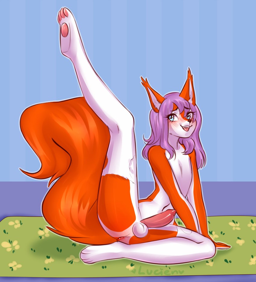 5_fingers animal_genitalia animal_penis anthro anus balls blue_eyes blush bulge claws ears_up erection eyelashes feet femboy fingers fur genitals hair heart_symbol hindpaw leg_markings legs_up male markings nude orange_body orange_fur paws penis pink_hair purple_hair raised_leg simple_background solo squirrel_tail toe_claws white_body white_fur white_legs lulucien lunora eurasian_red_squirrel mammal rodent sciurid tree_squirrel absurd_res digital_media_(artwork) hi_res shaded