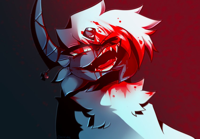 blood bodily_fluids fangs female feral fur gore horn jewelry necklace solo teeth white_body white_fur wounded deviltxn oniixide nintendo pokemon styx_(nyxcha) absol generation_3_pokemon pokemon_(species) hi_res