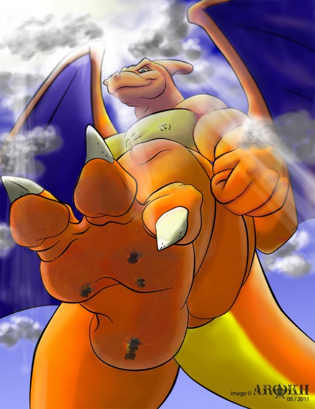 3_toes anthro blue_eyes car claws cloud feet light light_beam low-angle_view macro male membrane_(anatomy) membranous_wings muscular muscular_anthro muscular_male nipples orange_body orange_skin outside paws pecs plantigrade raised_foot simple_background sky smile soles solo stomping sunbeam sunlight tail toe_claws toeprints toes vehicle white_background wings worm's-eye_view arokh_(artist) mythology nintendo pokemon charizard dragon generation_1_pokemon mythological_creature mythological_scalie pokemon_(species) scalie 2011 hi_res