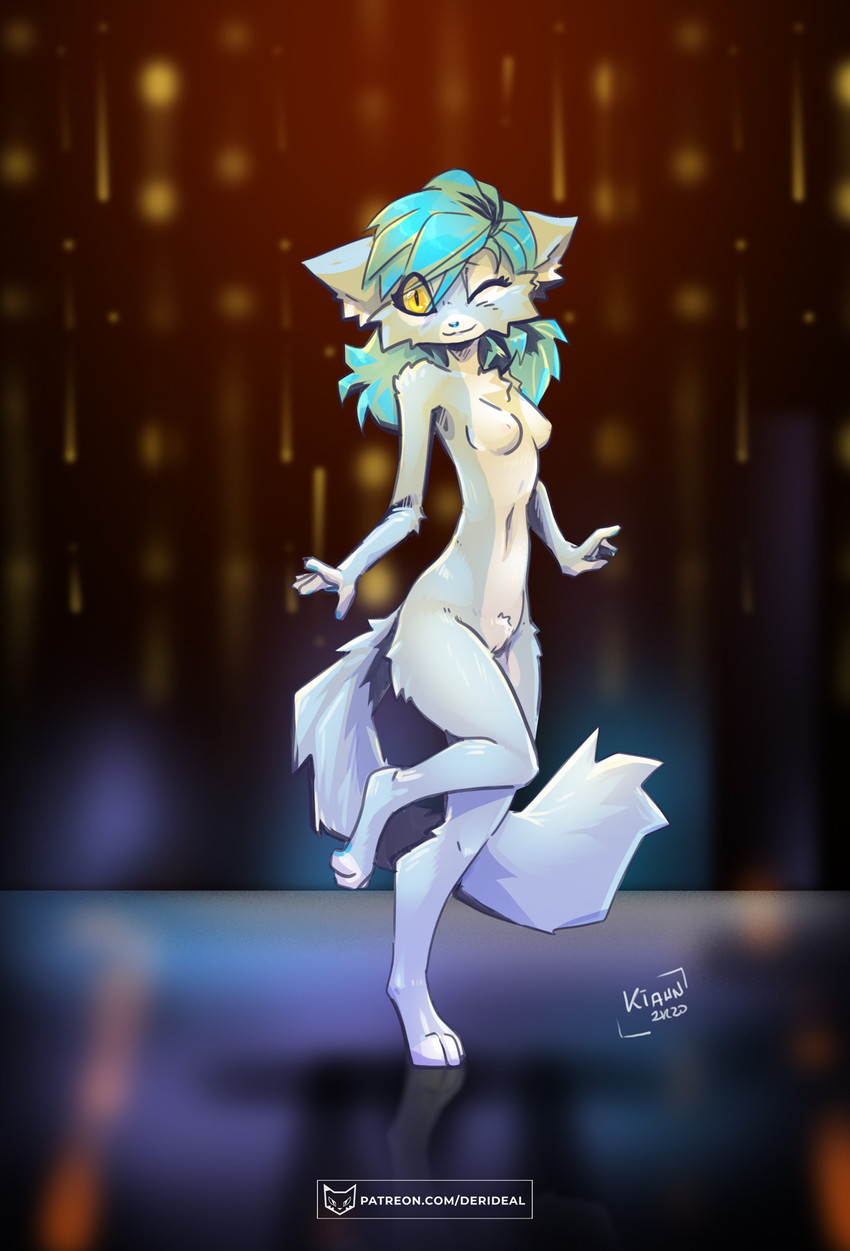 anthro blue_body blue_fur blue_hair breasts female fluffy fluffy_tail fur genitals hair nude one_eye_closed pussy solo standing tail text wink yellow_eyes kiaun derideal laura_(derideal) domestic_cat felid feline felis mammal digital_media_(artwork) hi_res shaded url