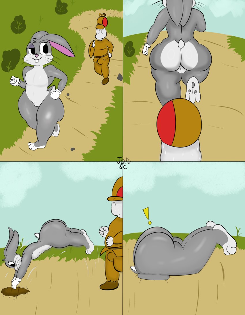 andromorph anthro big_butt butt duo femboy intersex male male/male running stuck stuck_in_ground white_body jonsc looney_tunes warner_brothers bugs_bunny human humanoid lagomorph leporid mammal rabbit comic hi_res