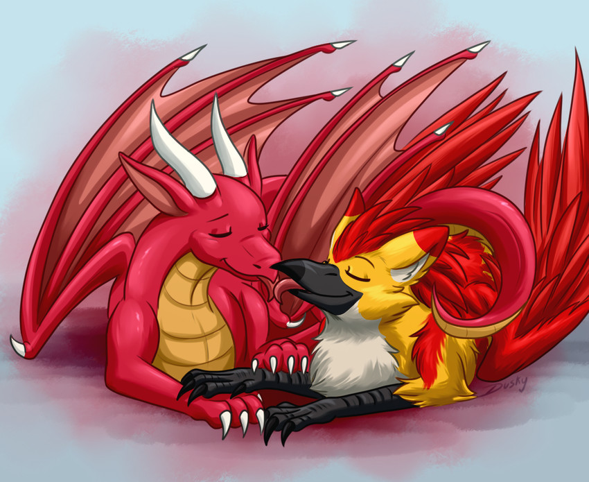 ambiguous_gender cuddling duo feral holidays kisses kissing love tail muskydusky mythology valentine's_day ashtalon shertu avian bird dragon gryphon hybrid mythological_avian mythological_creature mythological_scalie scalie