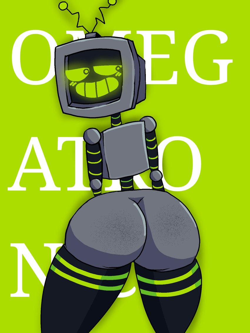 ambiguous_gender blush butt electronics for_a_head green_background green_eyes looking_at_viewer looking_back machine metallic_body not_furry rear_view screen screen_face simple_background solo television unknown_artist omegatronic humanoid object_head robot robot_humanoid screen_head tv_head 3:4 hi_res