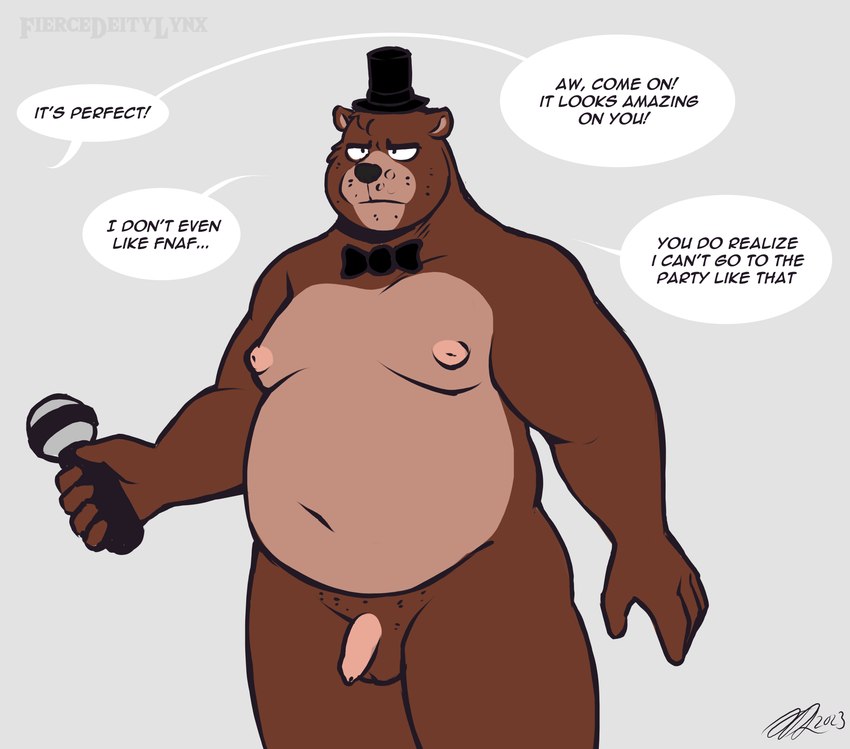 annoyed anthro balls bow_tie clothing cosplay dialogue electronics flaccid foreskin front_view genitals hair hat headgear headwear holding_microphone holding_object male microphone moobs mostly_nude narrowed_eyes navel nipples offscreen_character overweight overweight_anthro overweight_male penis short_hair solo speech_bubble standing fiercedeitylynx five_nights_at_freddy's scottgames freddy_(fnaf) marlon_(fiercedeitylynx) bear mammal 2023 absurd_res hi_res signature