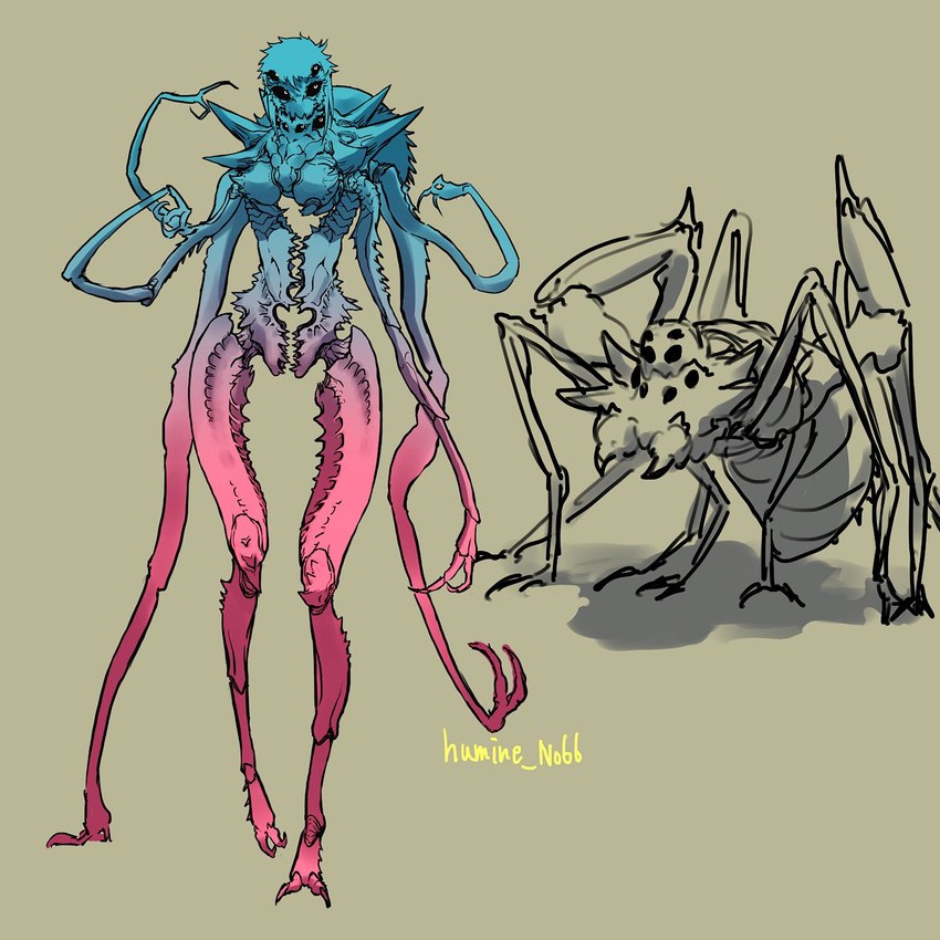 ambiguous_gender anthro arthropod_abdomen chelicerae claws fangs female feral mimicry multi_arm multi_eye multi_leg multi_limb selective_coloring simple_background solo spikes tan_background teeth teratophilia shion_humine arachnid arthropod monster spider 1:1 hi_res