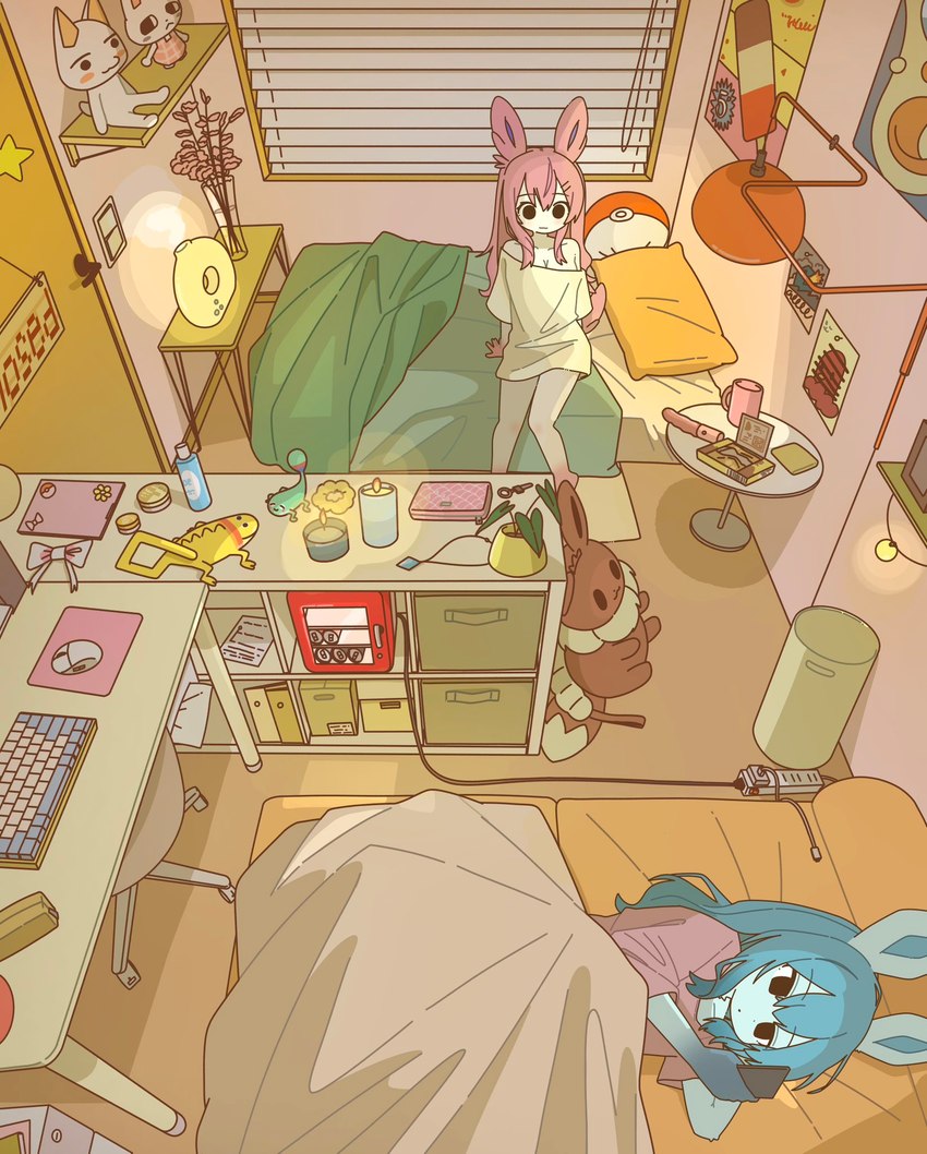 anthro bed beige_shirt blue_body blue_hair bored bottomless cellphone clothed clothing computer_mouse curtains detailed_background duo eevee_backpack electronics female fingers furniture furniture_lamp hair high-angle_view keyboard looking_at_another looking_at_object looking_at_phone lying lying_on_bed on_bed on_side phone pink_clothing pink_hair pink_shirt pink_tail pink_topwear pokemorph sex_toy shirt shirt_only sitting sitting_on_bed smartphone tail topwear topwear_only vibrator white_body doremifaso64 nintendo pokemon rhythm_heaven sony_corporation sony_interactive_entertainment guiro_lizards_(rhythm_heaven) toro_inoue umi_(rental) eevee eeveelution generation_1_pokemon generation_4_pokemon generation_6_pokemon glaceon pokemon_(species) sylveon 2025 colored digital_media_(artwork) hi_res shaded