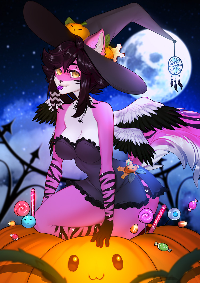 anthro black_hair breasts clothed clothing detailed_background eyebrows eyelashes feathered_wings feathers female hair looking_at_viewer moon night outside sky smile solo star starry_sky wings nitricacid eda_(terrythetazzytiger) felid hybrid mammal 2020 digital_media_(artwork) hi_res