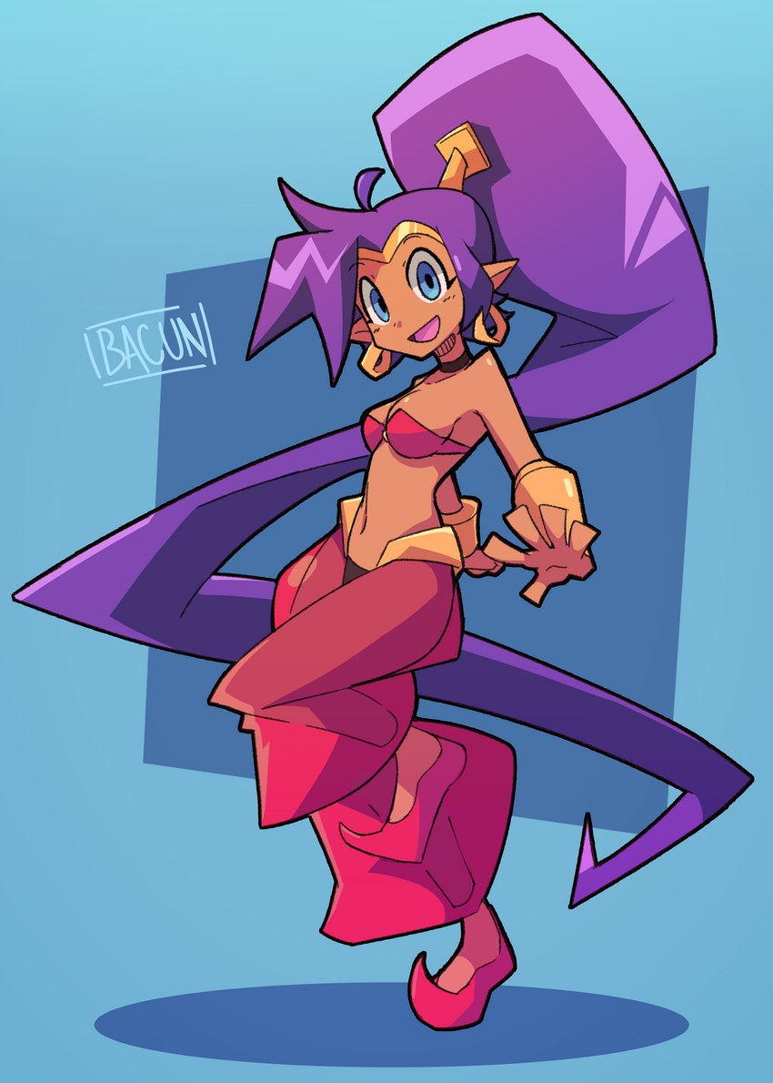 5_fingers blue_eyes breasts clothing crown ear_piercing ear_ring female fingers footwear hair headgear humanoid_pointy_ears long_hair not_furry open_mouth open_smile piercing pointy_ears ponytail purple_hair ring_piercing smile solo tiara bacun shantae_(series) wayforward shantae genie humanoid 2021 absurd_res hi_res signature