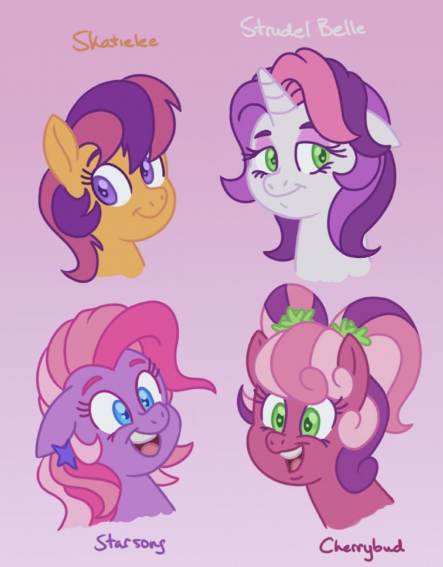 fur hair horn pre-g4 purple_body purple_fur purple_hair solo itoruna friendship_is_magic hasbro mlp_g3 my_little_pony my_little_pony_(2009) mythology cheerilee_(mlp_g3) scootaloo_(g3) starsong_(mlp) sweetie_belle_(g3) equid equine horse mammal mythological_creature mythological_equine pony unicorn 2019 character_name digital_media_(artwork) hi_res multiple_images