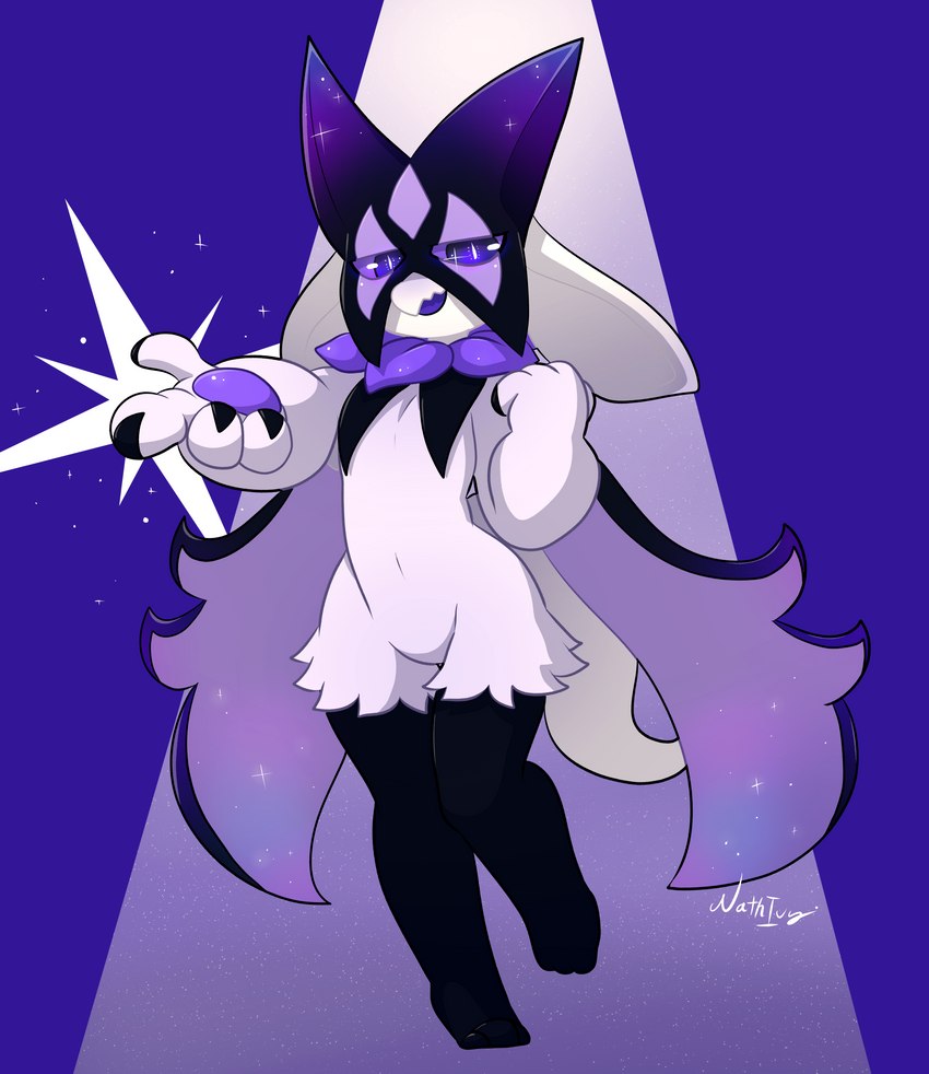 ambiguous_gender anthro black_legs cape clothing cosplay costume mask purple_eyes solo wearing_mask white_body sinfrou nintendo pokemon fan_character nue_stargazer generation_9_pokemon meowscarada pokemon_(species) absurd_res cel_shading hi_res shaded