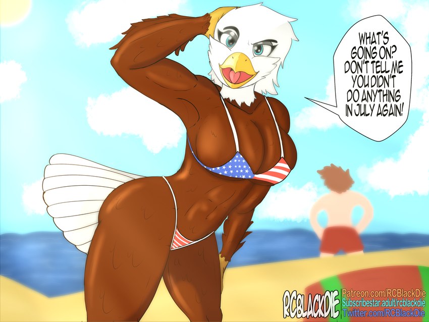 abs anthro beach beak big_breasts big_butt bikini blue_eyes breasts butt clothing cloud dialogue eyebrows female holidays light looking_at_viewer muscular sand solo sunlight sunny swimwear text thick_thighs two-piece_swimsuit rcblackdie 4th_of_july accipitrid accipitriform avian bald_eagle bird eagle sea_eagle 4:3 absurd_res english_text hi_res